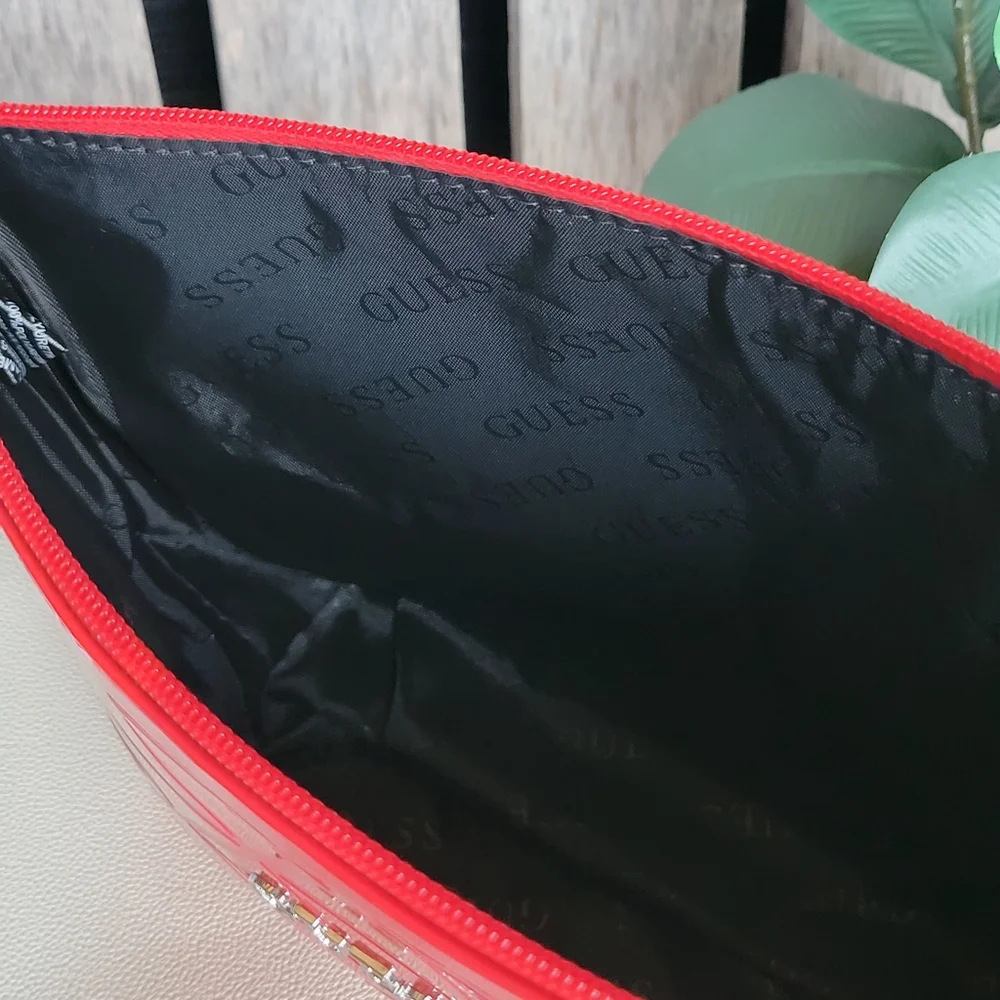 Red Patent GUESS Shiny Finish Embossed Cosmetic Zip Pouch
